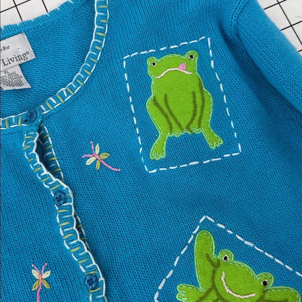 Casual living vintage cotton Cardigan w/ Frog /embroidered Lily pad Flower XL - Picture 14 of 15